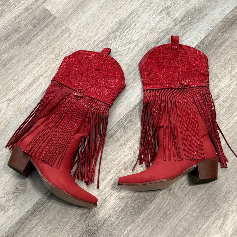 Red Rhinestone Fringe Western Cowgirl Boots Pointed Toe Block Heel Size 8 - Picture 1 of 11